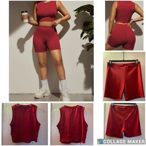 SXY Burgundy Crew Neck Tank Top With Biker Shorts (M) 6